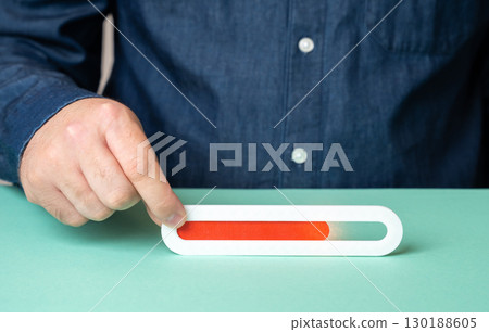 Red progress bar. Coming to an end, doing the job. Time running out. Moving to a new level. Promotion at work. Experience or health. Life path, deadlines approaching, career transition. 130188605