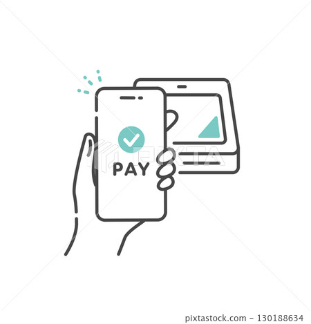 使用智慧型手機進行無現金支付的向量圖示（線圖，藍色） 130188634