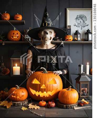 Spooky Halloween background with Halloween pumpkins 130188648