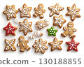 Gingerbread cookies on white background. Snowflake, star, man, angel, candy shapes. 130188855