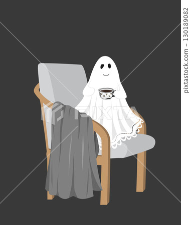 Funny cute lace-sheet ghost sitting in a cozy chair with a hot drink. Halloween design element, isolated vector illustration. Fall season cute aesthetic design 130189082