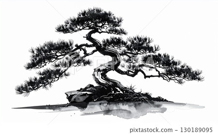 水墨畫風格的黑松盆景簡單插圖 水墨畫風格的黑松盆景簡單插圖 130189095