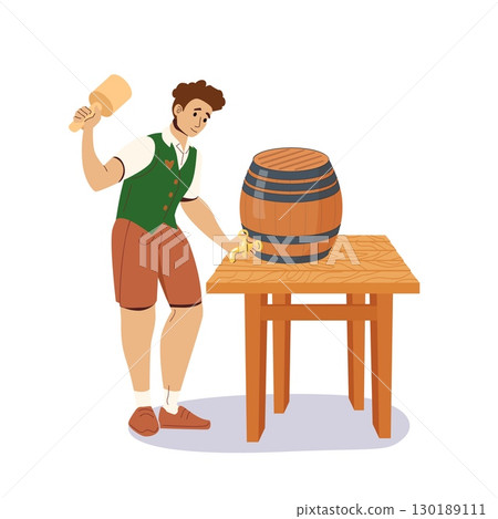 Man in traditional Bavarian clothing tapping wooden beer keg with mallet during Oktoberfest celebration on wooden table 130189111