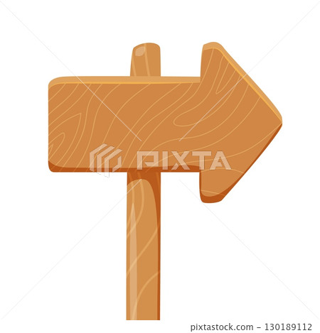 Wooden arrow signpost pointing right with natural wood texture isolated on white background for navigation or direction concepts 130189112