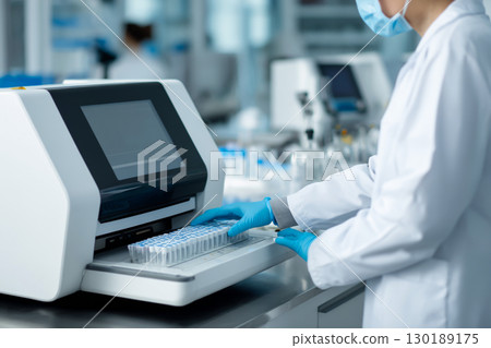 一名研究人員在實驗室操作 DNA 分析設備 130189175