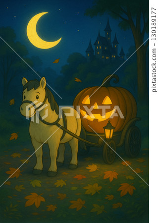 A Jack-o'-lantern carriage travelling along a forest path and a crescent moon in the night sky 130189177
