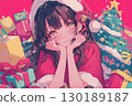 [AI-generated image] Santa Claus girl surrounded by lots of presents on a cartoon-style pop red background 130189187