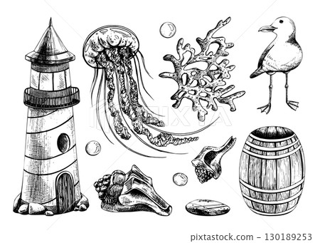 Hand drawn line art illustration of lighthouse, jellyfish, seagull, seashell, barrel and corals in nautical style created with black ink, perfect marine clip art collection for design and decor Hand drawn line art illustration of lighthouse, jellyfish, seagull, seashell, barrel and corals in nautical style created with black ink, perfect marine clip art collection for design and decor 130189253