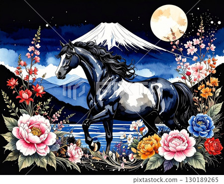 富士山、馬和花的插圖 130189265