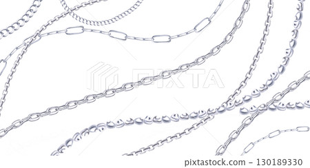 Gracefully curved silver chains and pearl strands in a rectangular frame. Isolated watercolor illustration for printing design for Christmas sales, jewelry stores, postcard printing. 130189330