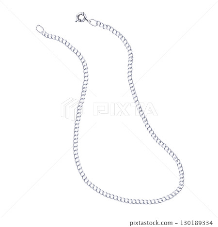 Silver curved unfastened chain. Isolated watercolor jewelry illustration for catalog design, shop windows, branded packaging, interior design and wedding events. Silver curved unfastened chain. Isolated watercolor jewelry illustration for catalog design, shop windows, branded packaging, interior design and wedding events. 130189334
