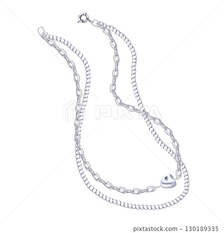 Silver necklace with two chains and baroque pearl pendant. Isolated watercolor jewelry illustration for catalog design, shop windows, branded packaging, interior design and wedding events. Silver necklace with two chains and baroque pearl pendant. Isolated watercolor jewelry illustration for catalog design, shop windows, branded packaging, interior design and wedding events. 130189335
