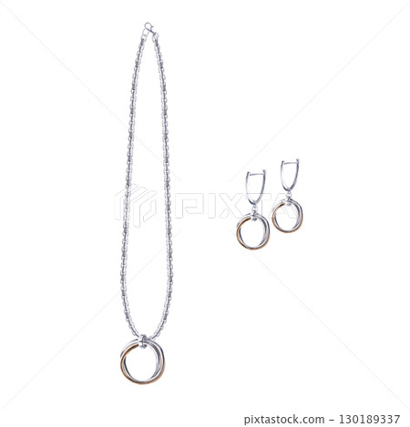 A pair of silver earrings made of two types of metal and a chain with a pendant in a set. Isolated watercolor illustration of jewelry for the design of catalogs, showcases, branded packaging. 130189337
