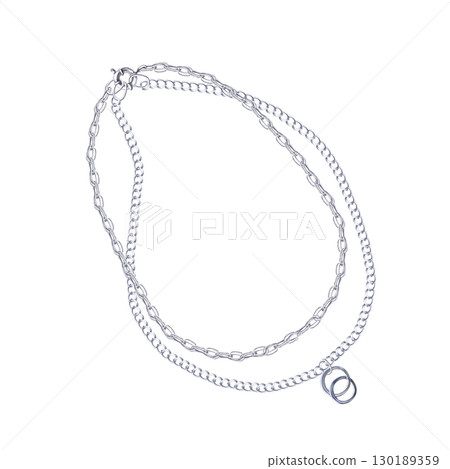 Double silver chain with rings pendant. Isolated watercolor jewelry illustration for catalog design, shop windows, branded packaging, interior design and wedding events. Double silver chain with rings pendant. Isolated watercolor jewelry illustration for catalog design, shop windows, branded packaging, interior design and wedding events. 130189359