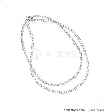 Double silver chain. Isolated watercolor jewelry illustration for catalog design, shop windows, branded packaging, interior design and wedding events. Double silver chain. Isolated watercolor jewelry illustration for catalog design, shop windows, branded packaging, interior design and wedding events. 130189361