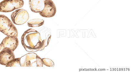 Rectangular frame of slices and whole potatoes. Isolated watercolor illustration on the theme of vegetables for the design of seed packaging, restaurant menus, culinary recipes. 130189376