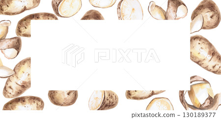 Rectangular frame of different parts of potatoes. Isolated watercolor illustration on the theme of vegetables for the design of seed packaging, restaurant menus, culinary recipes. Rectangular frame of different parts of potatoes. Isolated watercolor illustration on the theme of vegetables for the design of seed packaging, restaurant menus, culinary recipes. 130189377