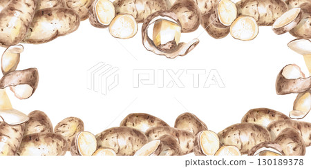 Rectangular frame of peeled and whole potatoes. Isolated watercolor illustration on the theme of vegetables for the design of seed packaging, restaurant menus, culinary recipes. Rectangular frame of peeled and whole potatoes. Isolated watercolor illustration on the theme of vegetables for the design of seed packaging, restaurant menus, culinary recipes. 130189378