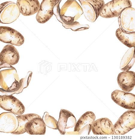 Square frame of peeled, halved and whole potato tubers. Isolated watercolor illustration on the theme of vegetables for the design of seed packaging, restaurant menus, culinary recipes, labels. 130189382