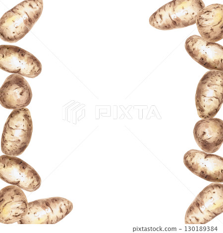 Square frame of whole potato tubers. Isolated watercolor illustration on the theme of vegetables for the design of seed packaging, restaurant menus, culinary recipes, labels. 130189384