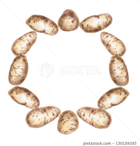 Round frame of whole potato tubers. Isolated watercolor illustration on the theme of vegetables for the design of seed packaging, restaurant menus, culinary recipes, labels. 130189385