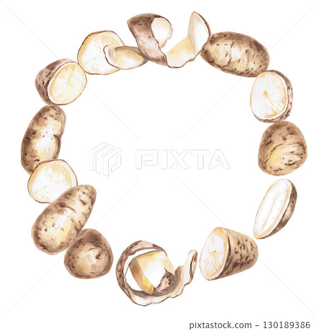 Round frame of potato tubers. Isolated watercolor illustration on the theme of vegetables for the design of seed packaging, restaurant menus, culinary recipes, labels. 130189386