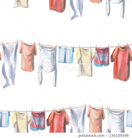 Seamless pattern with clothes drying on a line. Watercolor illustration on the theme of tropical holidays for the design of laundry rooms, postcards, printing on fabric. 130189396