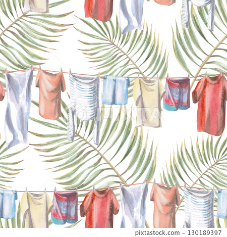 Seamless pattern with clothes drying on a rope against the background of palm branches. Watercolor illustration on the theme of tropical holidays for the design of sea restaurants, printing on fabric. 130189397