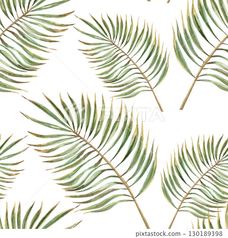 Seamless pattern with curved palm branches. Watercolor illustration on the theme of tropical vacation for the design of sea restaurants, printing on fabric, textiles, seasonal menu design. Seamless pattern with curved palm branches. Watercolor illustration on the theme of tropical vacation for the design of sea restaurants, printing on fabric, textiles, seasonal menu design. 130189398
