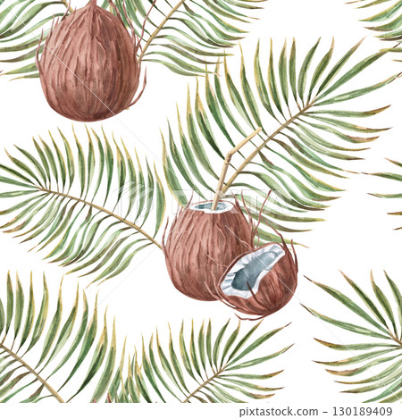 Seamless pattern with coconuts on the background of palm branches. Watercolor illustration on the theme of rest for the design of sea restaurants, printing on fabric, textiles, seasonal menu design. 130189409