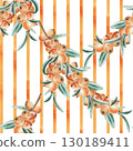 Seamless pattern with branches of ripe juicy sea buckthorn on a background of watercolor stripes. Watercolor illustration for packaging design, printing on fabric, textiles. 130189411