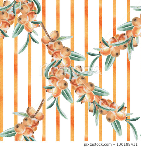 Seamless pattern with branches of ripe juicy sea buckthorn on a background of watercolor stripes. Watercolor illustration for packaging design, printing on fabric, textiles. 130189411