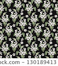 Seamless pattern with flowering pear branches on a black background. Watercolor illustration for juice packaging design, baby food, printing on posters, on fabric. 130189413
