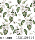 Seamless pattern with flowering pear branches. Watercolor illustration for juice packaging design, baby food, printing on posters, on fabric. 130189414