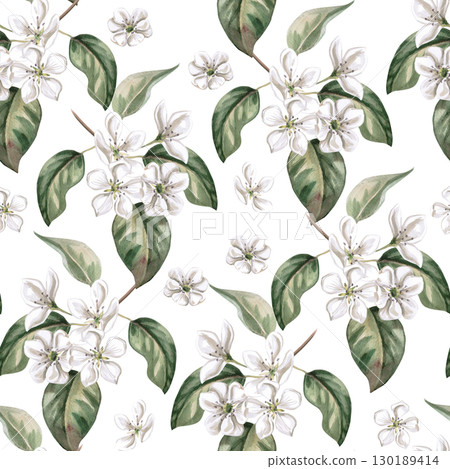 Seamless pattern with flowering pear branches. Watercolor illustration for juice packaging design, baby food, printing on posters, on fabric. Seamless pattern with flowering pear branches. Watercolor illustration for juice packaging design, baby food, printing on posters, on fabric. 130189414