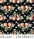 Seamless pattern with whole pears on a branch on a black background. Watercolor illustration for juice packaging design, baby food, printing on posters, on fabric. 130189415