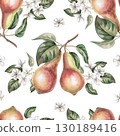 Seamless pattern with whole pears on a branch. Watercolor illustration for design of packaging of juice, baby food, jam, printing on posters and clothes, printing on fabric. 130189416