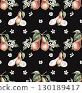 Seamless pattern with whole pears, halves, flowers on a black background. Watercolor illustration for the design of packaging for juice, baby food, jam, printing on posters, printing on fabric. 130189417