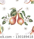 Seamless pattern with whole pears, halves and flowers. Watercolor illustration for design of packaging of juice, baby food, jam, printing on posters and clothes, printing on fabric. 130189418