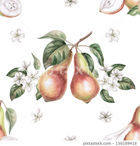 Seamless pattern with whole pears, halves and flowers. Watercolor illustration for design of packaging of juice, baby food, jam, printing on posters and clothes, printing on fabric. 130189418