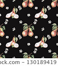 Seamless pattern with whole and halves of pears on a black background. Watercolor illustration for the design of packaging for juice, baby food, jam, printing on posters, printing on fabric. 130189419