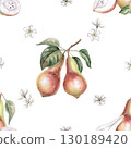 Seamless pattern with whole and halves of pears. Watercolor illustration for design of packaging of juice, baby food, jam, printing on posters and clothes, printing on fabric. 130189420