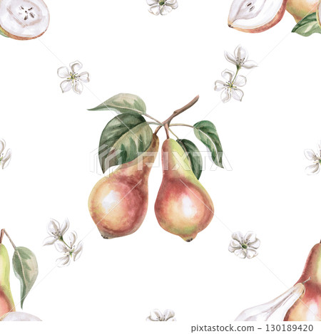 Seamless pattern with whole and halves of pears. Watercolor illustration for design of packaging of juice, baby food, jam, printing on posters and clothes, printing on fabric. Seamless pattern with whole and halves of pears. Watercolor illustration for design of packaging of juice, baby food, jam, printing on posters and clothes, printing on fabric. 130189420