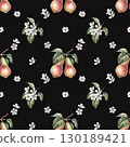Seamless pattern with two pears on a branch on a black background. Watercolor illustration for the design of packaging for juice, baby food, jam, printing on posters and clothes, printing on fabric. 130189421