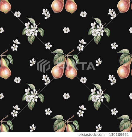Seamless pattern with two pears on a branch on a black background. Watercolor illustration for the design of packaging for juice, baby food, jam, printing on posters and clothes, printing on fabric. Seamless pattern with two pears on a branch on a black background. Watercolor illustration for the design of packaging for juice, baby food, jam, printing on posters and clothes, printing on fabric. 130189421