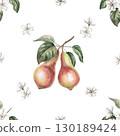 Seamless pattern with two pears on a branch. Watercolor illustration for juice packaging design, baby food, jam, poster and clothing printing, fabric printing. 130189424