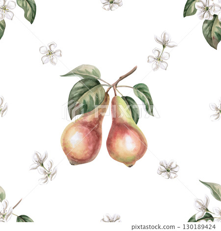 Seamless pattern with two pears on a branch. Watercolor illustration for juice packaging design, baby food, jam, poster and clothing printing, fabric printing. 130189424