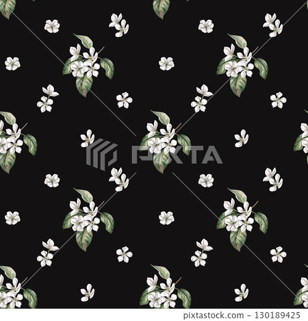 Seamless pattern with pear flowers on a branch on a black background. Watercolor illustration for the design of packaging for juice, baby food, jam, printing on posters and clothes,printing on fabric. 130189425