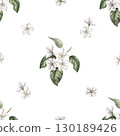 Seamless pattern with pear flowers on a branch. Watercolor illustration hand drawn for design of packaging of juice, puree, baby food, jam, compote, printing on posters and clothes,printing on fabric. 130189426