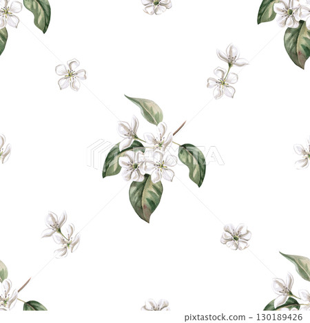 Seamless pattern with pear flowers on a branch. Watercolor illustration hand drawn for design of packaging of juice, puree, baby food, jam, compote, printing on posters and clothes,printing on fabric. Seamless pattern with pear flowers on a branch. Watercolor illustration hand drawn for design of packaging of juice, puree, baby food, jam, compote, printing on posters and clothes,printing on fabric. 130189426